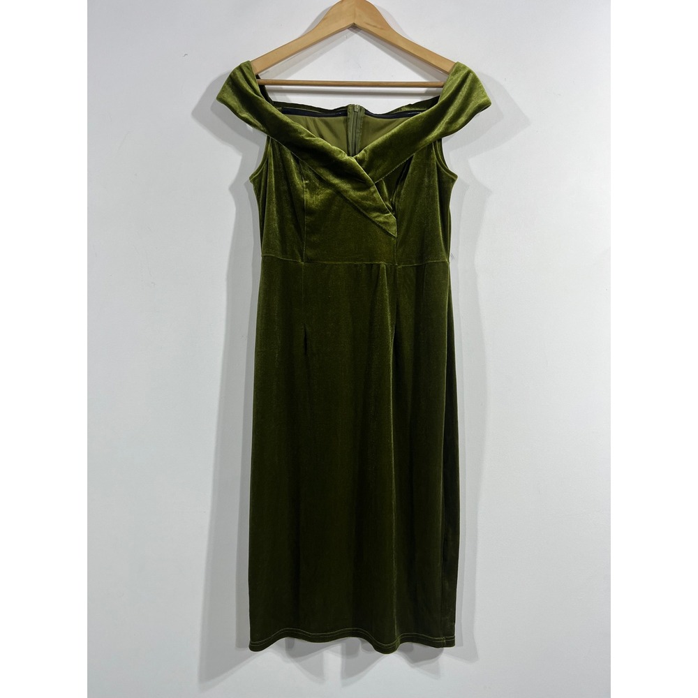 Retro Womes Fairy Grunge y2k Olive Green Velvet Midi Dress Women Medium Event